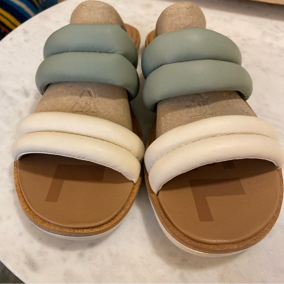 Sorel Ella II Puffer Slide Sandals Black Flat Sole Leather Cream & Green Size 6 - Picture 6 of 11